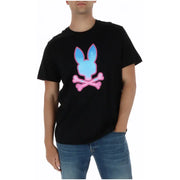 T-shirt homme Black Psycho Bunny avec motif de crâne de lapin bleu et rose vif, col rond, coton MT0200237