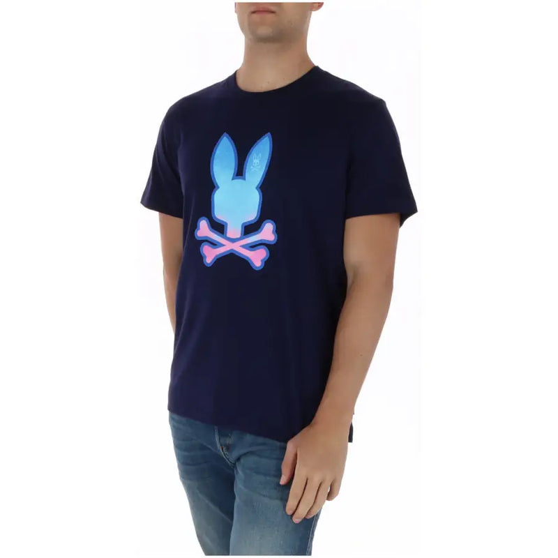 T-shirt homme bleu marine Psycho Bunny avec imprimé dégradé de têtes de mort et d'os croisés de lapin, en coton à col rond.
