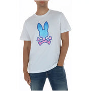 T-shirt homme blanc à manches courtes Psycho Bunny, imprimé tête de lapin bleu dégradé et os croisés roses, en coton