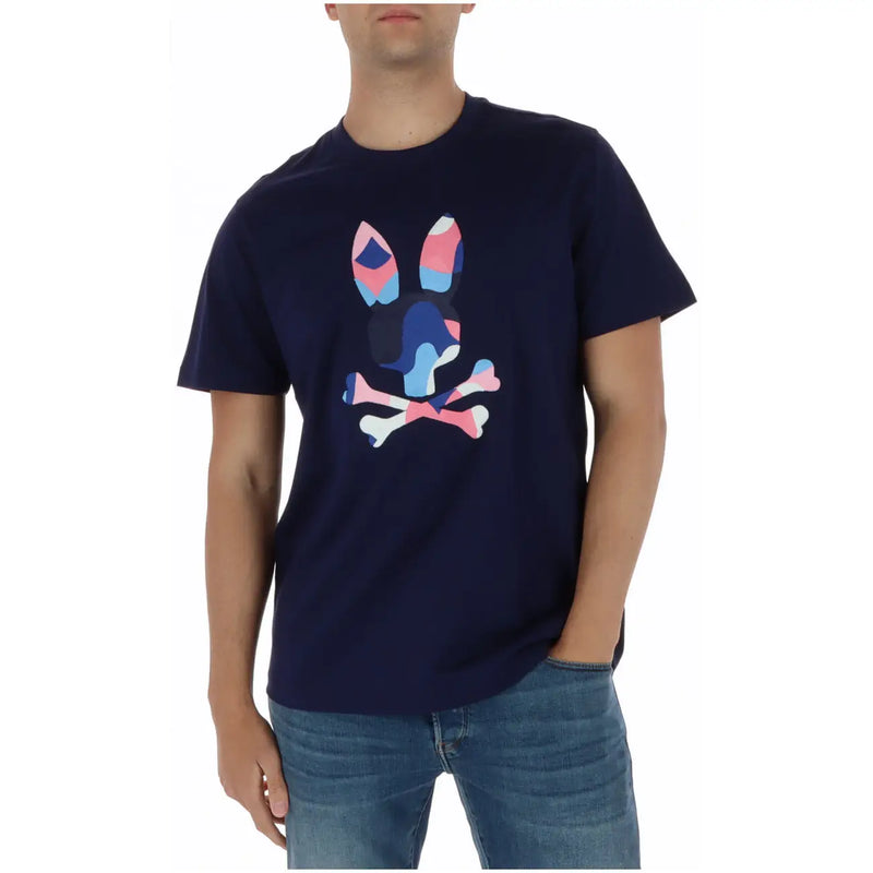 Navy blue cotton psycho bunny men t shirt with colorful bunny ears and crossed bones graphic print round neck