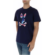 Navy blue short-sleeved Psycho Bunny men t shirt with colorful geometric rabbit skull print in cotton fabric