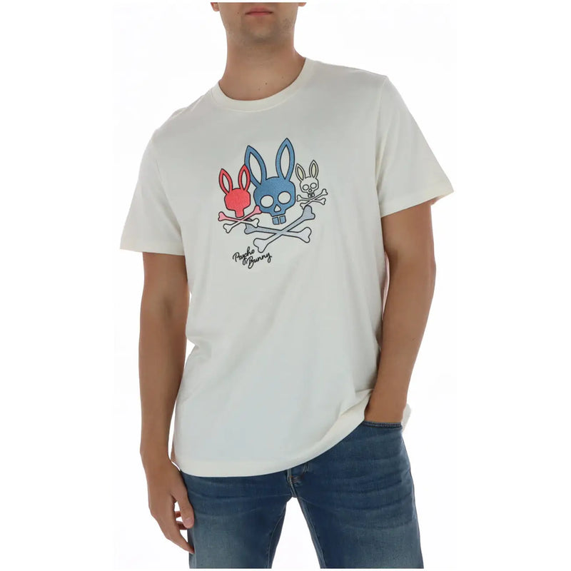 Off-white psycho bunny men t shirt in cotton featuring colorful graphic of three rabbits with crossed bones on front