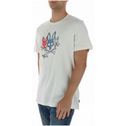 Off-white cotton psycho bunny men t shirt with short sleeves and graphic of three cartoon rabbits with crossed bones