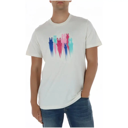 T-shirt homme en coton blanc à motif lapin psychédélique, col rond et imprimé de lapins stylisés colorés avec effet de coulures de peinture.