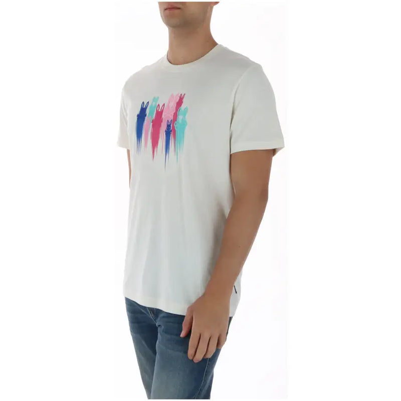 T-shirt homme Psycho Bunny blanc à col rond en coton, orné d'un motif abstrait coloré de lapins stylisés