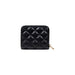 Black quilted patent leather wallet with a gold zipper for elegant storage