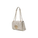 Cream colored quilted shoulder bag with gold chain straps displayed prominently