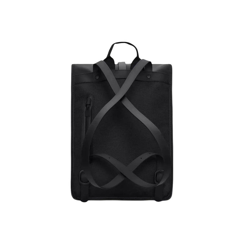 Sac à dos homme Rains mini noir avec bretelles croisées élégantes, finition mate et poches zippées, dimensions : l 10 x h 40 x l 10 cm