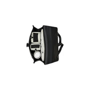 Sac photo en cuir noir imperméable, mini sac à dos unisexe avec compartiments organisés, inserts rembourrés blancs et cache-objectif circulaire.