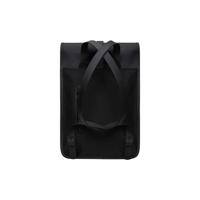 Sac à dos unisexe Rains mini noir imperméable avec tissu mat élégant et bretelles réglables, vu de dos