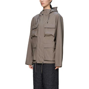 Rains women brown polyester hooded blazer jacket featuring a sleek taupe utility design with multiple flap pockets