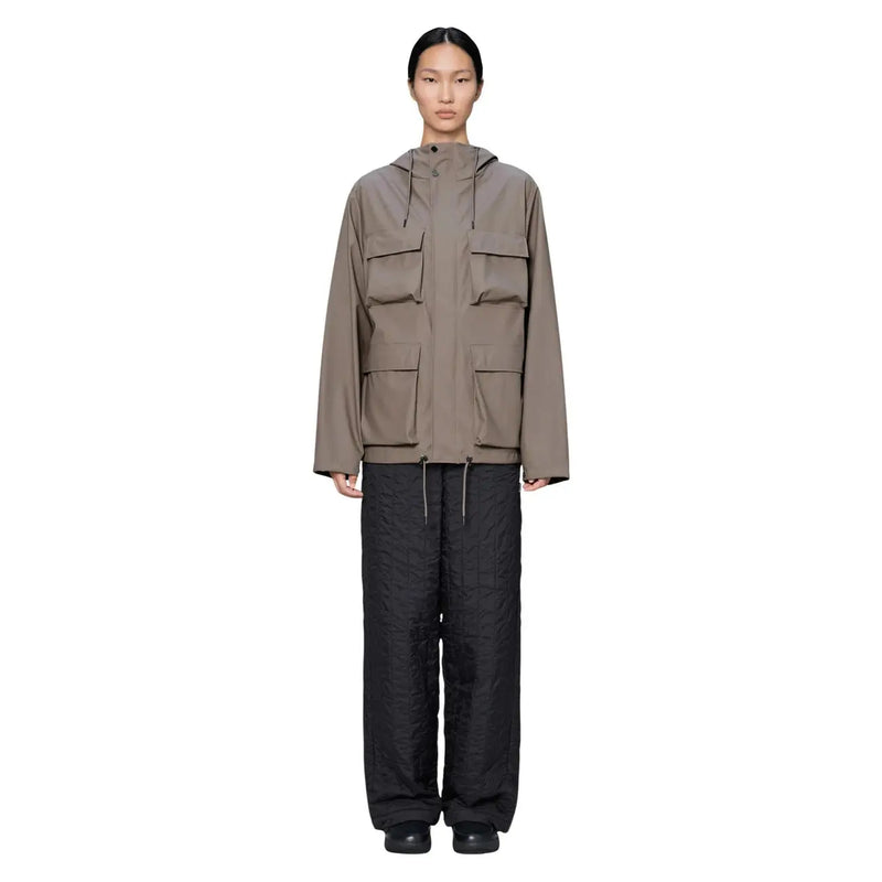 Taupe-colored rains women brown polyester hooded blazer jacket with multiple flap pockets and drawstring waist