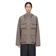 A taupe-colored rains women brown polyester hooded blazer jacket with minimalist design and multiple flap pockets