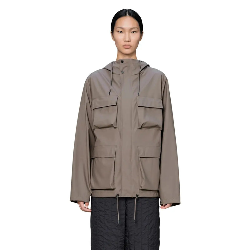 A taupe-colored rains women brown polyester hooded blazer jacket with minimalist design and multiple flap pockets