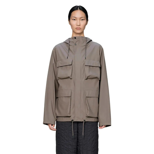 Veste blazer à capuche marron en polyester, couleur taupe, pour femme, au design minimaliste et dotée de multiples poches à rabat.