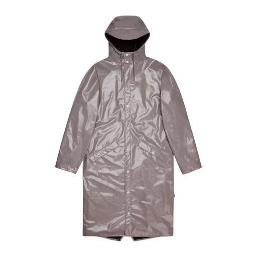 Blazer élégant gris métallisé à capuche pour femme, en polyester lilas brillant, avec une capuche doublée de noir et une finition brillante.