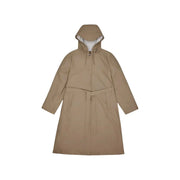 Beige polyester hooded trench coat with white-lined interior and matching belt from Rains women long blazer jacket collection
