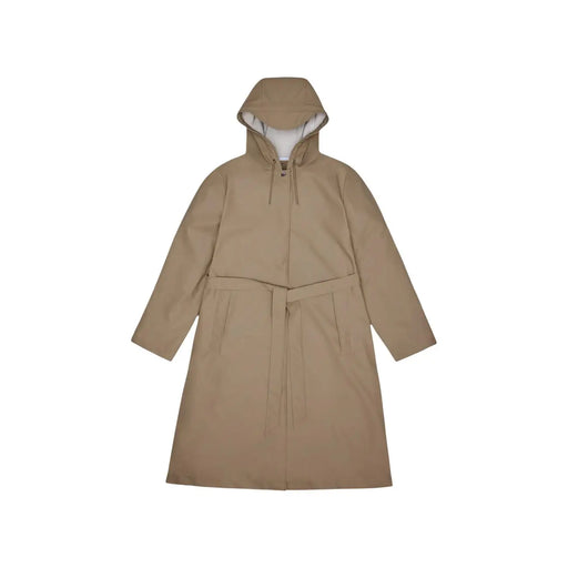 Trench-coat beige à capuche en polyester avec intérieur doublé de blanc et ceinture assortie, issu de la collection de vestes blazer longues pour femmes de Rains.
