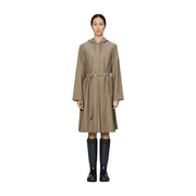 A taupe long polyester hooded trench coat with a belted waist and long sleeves from Rains women collection