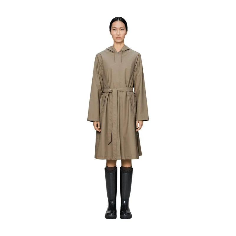 A taupe long polyester hooded trench coat with a belted waist and long sleeves from Rains women collection
