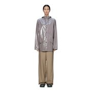 A sleek metallic gray raincoat with glossy finish and button closures in rains women purple polyester hooded blazer jacket style