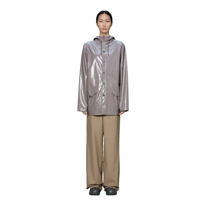 A sleek metallic gray raincoat with glossy finish and button closures in rains women purple polyester hooded blazer jacket style