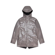 Rains women purple polyester hooded blazer jacket with a sleek metallic gray glossy finish and black-lined hood