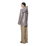 A sleek metallic gray raincoat with glossy finish and attached hood designed as a rains women polyester blazer jacket