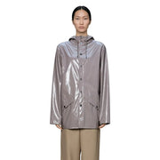 A sleek metallic gray rains women polyester hooded blazer jacket with glossy finish and black button closures