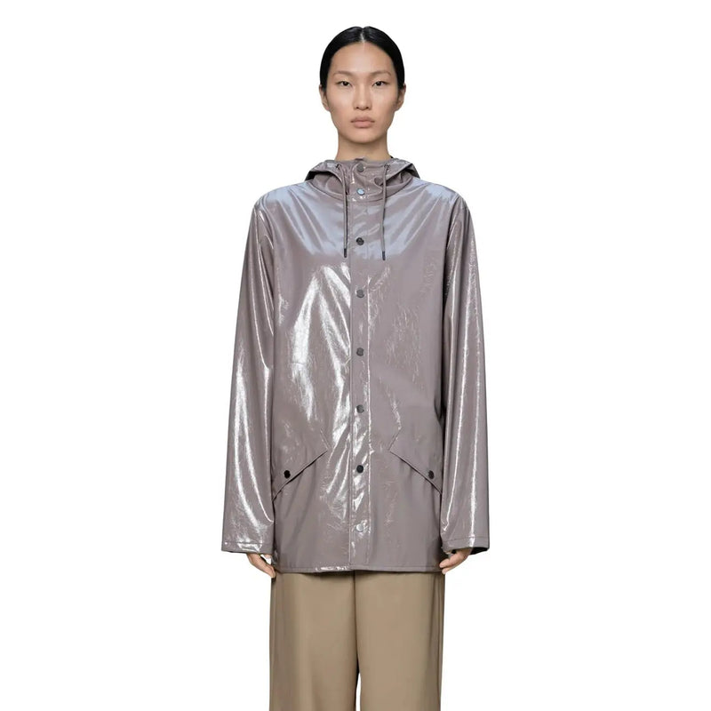 A sleek metallic gray rains women polyester hooded blazer jacket with glossy finish and black button closures