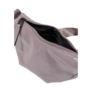 A sleek matte gray patent leather fanny pack with black zipper featured alongside rains women purple shoulder bag polyester mini size