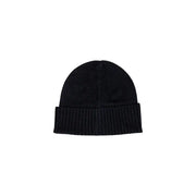 Black ribbed beanie hat with folded cuff and textured knit design.