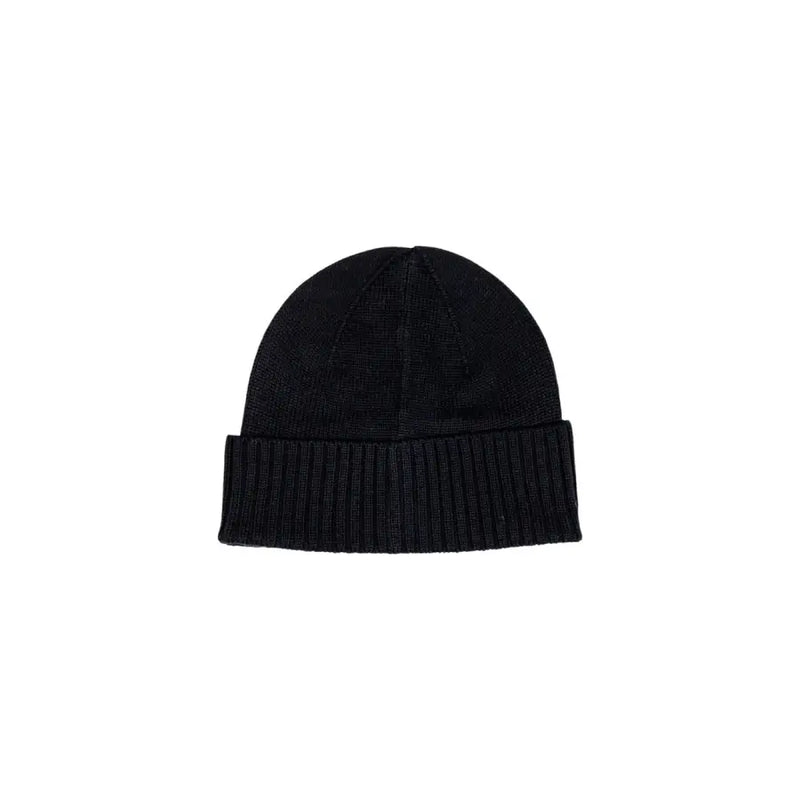 Black ribbed beanie hat with folded cuff and textured knit design.