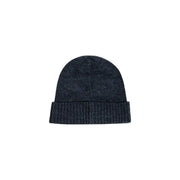 Dark blue textured beanie hat with ribbed brim and folded cuff, possibly wool or acrylic blend.