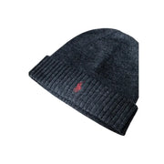 Charcoal gray ribbed beanie with red logo.
