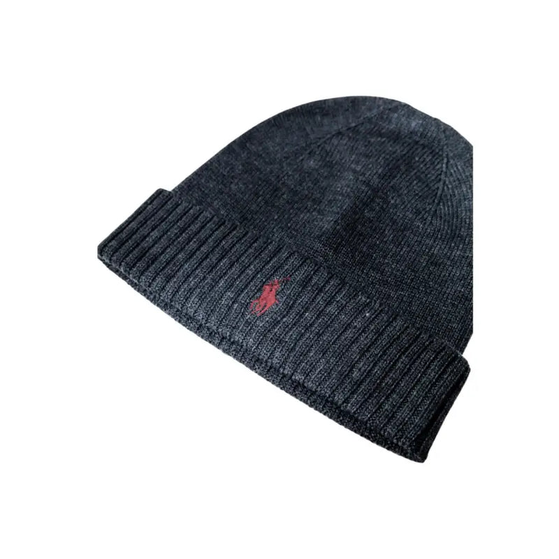 Charcoal gray ribbed beanie with red logo.