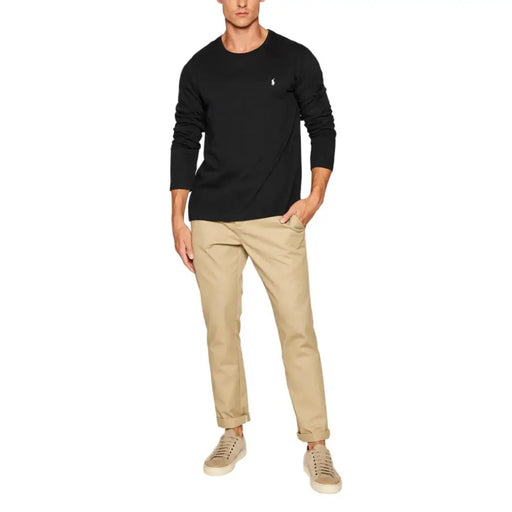 Men’s black long-sleeve cotton T-shirt with small white Polo Player logo on chest