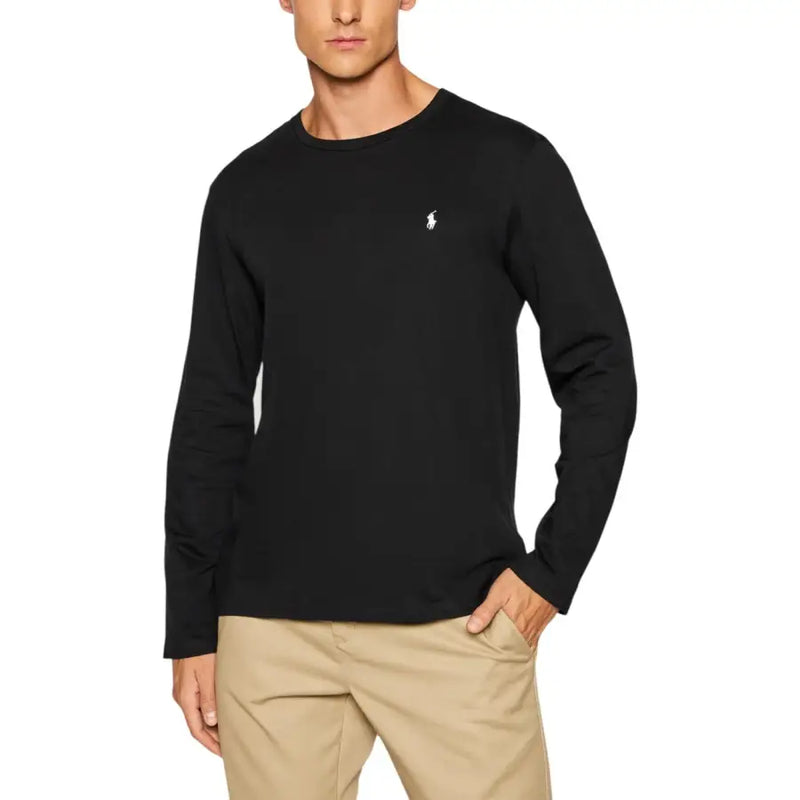 Men’s black long-sleeve crew-neck cotton T-shirt with white Polo Pony logo and tan trousers