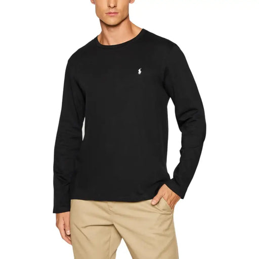 Men’s black long-sleeve crew-neck cotton T-shirt with white Polo Pony logo and tan trousers