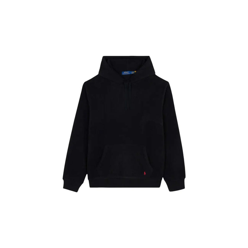 Sweat-shirt Ralph Lauren pour homme, noir, en coton mélangé, avec petit logo rouge de joueur de polo et étiquette bleue de la marque au col.