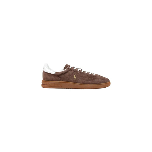 Ralph Lauren homme en daim marron bas top baskets à lacets blancs et semelle en caoutchouc beige pour une tenue décontractée