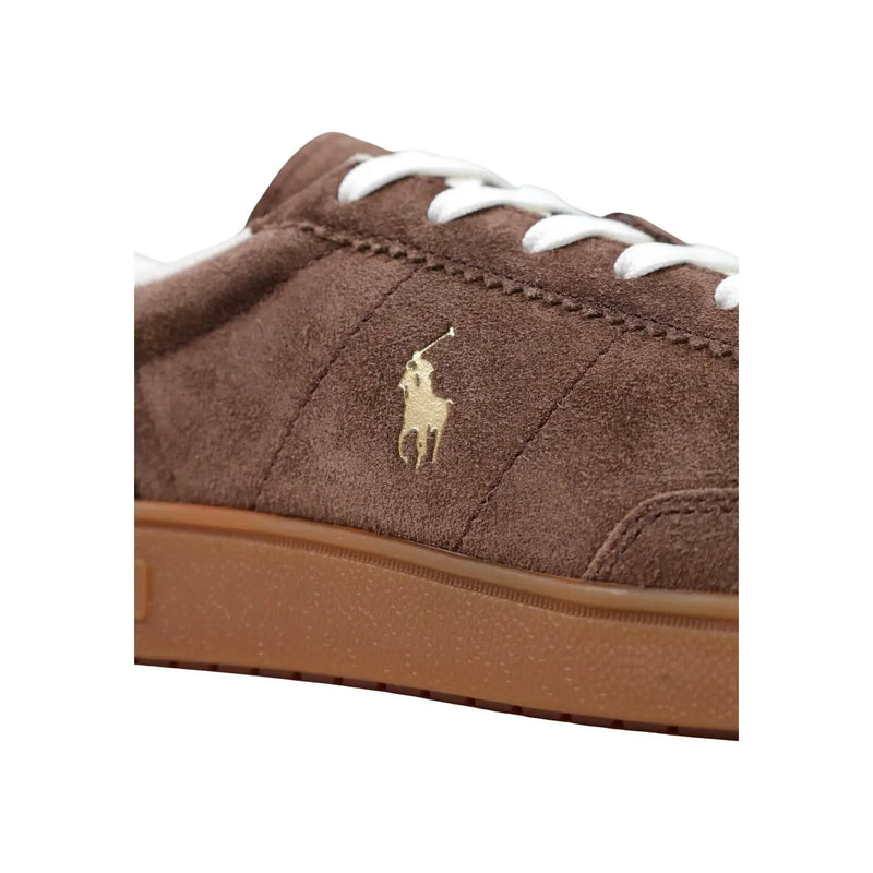 Ralph Lauren homme en daim marron bas top Baskets à lacets blancs et logo Polo brodé en or sur le côté