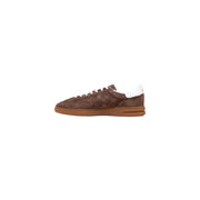 Ralph Lauren homme en daim marron bastop baskets avec languette blanche au talon et semelle en caoutchouc beige, vues de l'arrière