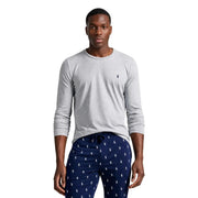 Ralph Lauren homme en coton gris long pyjama top avec col rond, manches longues et logo Polo bleu marine sur la poitrine gauche