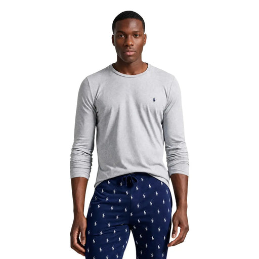 Ralph Lauren homme en coton gris long pyjama top avec col rond, manches longues et logo Polo bleu marine sur la poitrine gauche