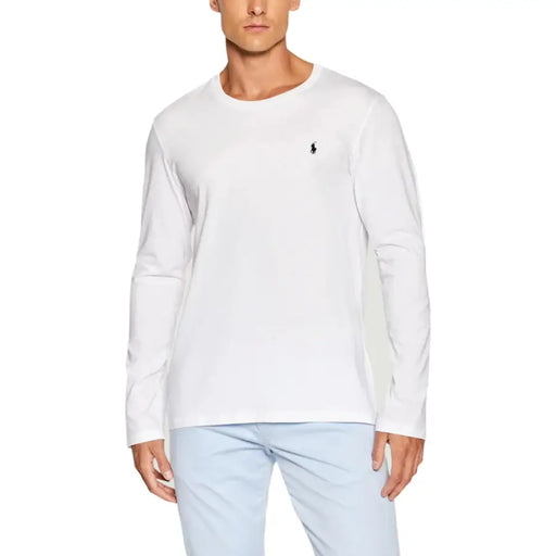 Men’s white long-sleeve crewneck cotton T-shirt with small black Polo logo