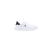 Polo Ralph Lauren homme en cuir blanc bas top Baskets avec languette arrière bleu marine et logo cavalier visible à l'arrière
