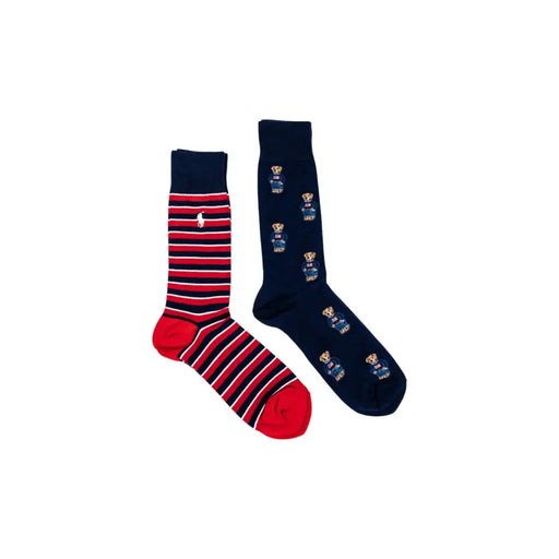 Two pairs of Ralph Lauren men’s socks, striped red navy and solid navy with polo bears