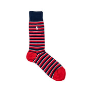 Red, white, and navy blue striped crew sock with Polo Pony logo for Ralph Lauren mens underwear