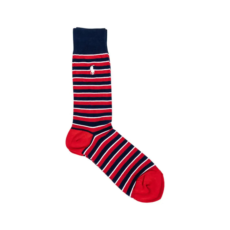 Red, white, and navy blue striped crew sock with Polo Pony logo for Ralph Lauren mens underwear
